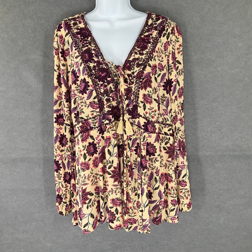 Torrid Tunic Top‎ Sz 1X Floral Tassel Tie V Neck Babydoll Long Sleeve Bohemian